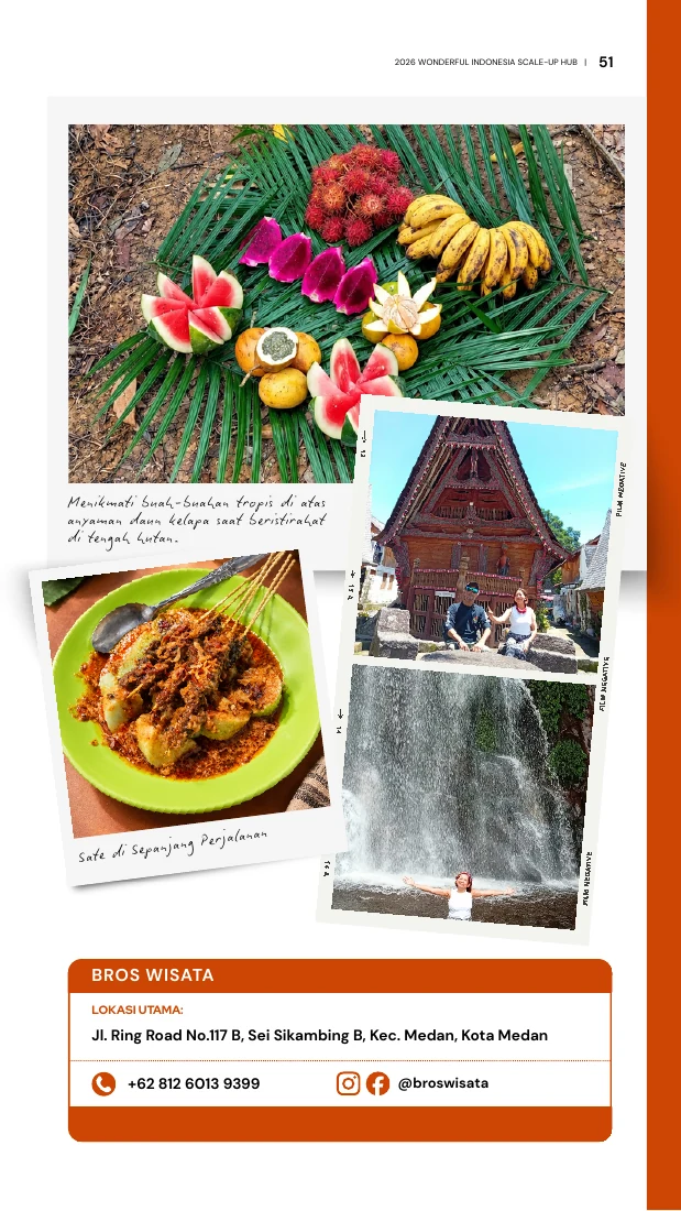 Preview of the Bros Wisata profile in the WISH 2026 catalog, showing tropical fruit, a local dish, a traditional house, and a waterfall.
