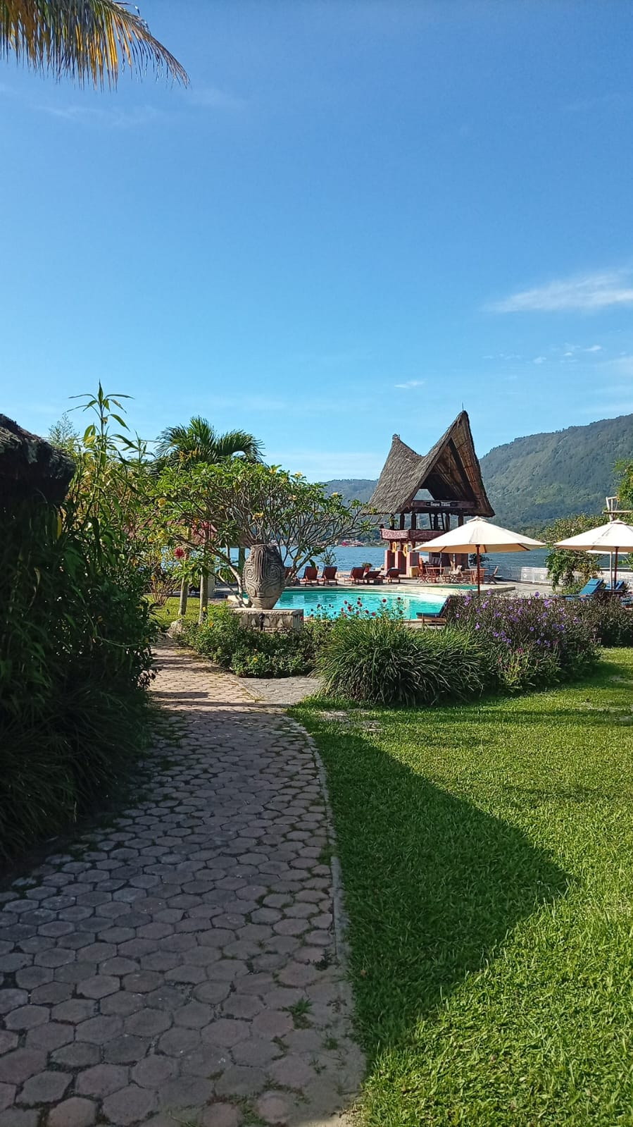 A lakeside resort view at Lake Toba
