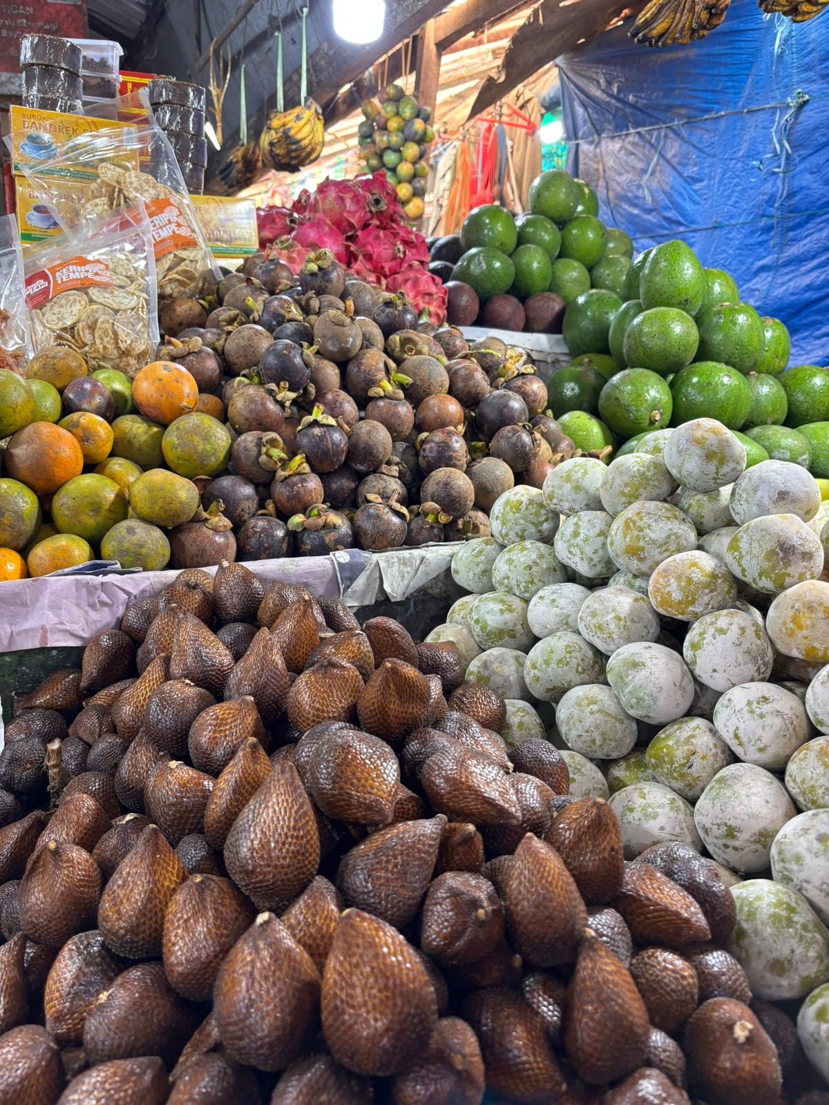 Colours of the fruit market. Snake fruit, mangosteens, avocados, and other fruit fill a market stall.